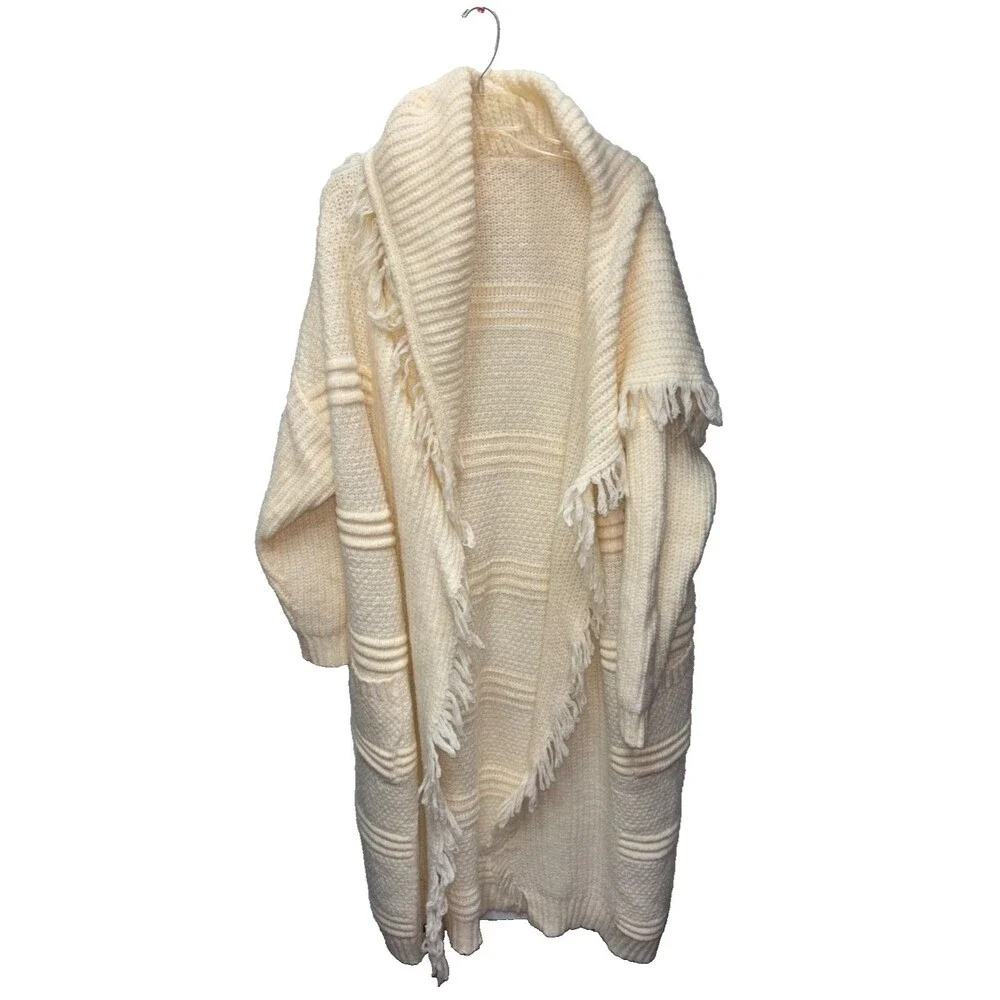 Sweater Stripe Knit Ivory Cardigan Duster Open Front Tassel Pocket Long Loose